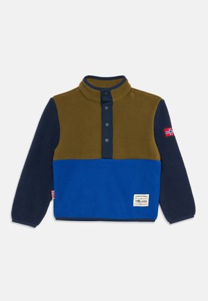 Pull polaire enfant avec partie supérieure vert olive, partie inférieure bleue, manches bleu marine, boutons-pression et écussons du drapeau norvégien sur le bras et le côté.
