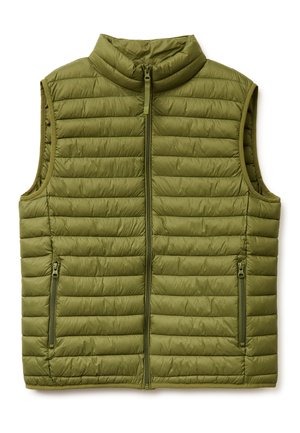 Olijfgroene gewatteerde mouwloze bodywarmer met opstaande kraag, rits aan de voorkant en twee met rits afsluitbare zijzakken.