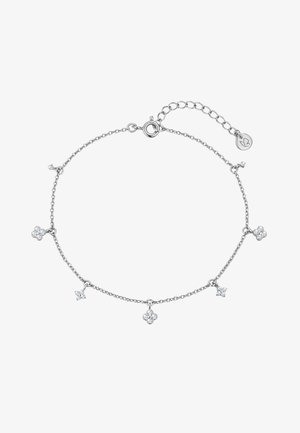 Sølvkædearmbånd med en fjederlåsespænde, fem små blomsterformede diamantvedhæng og en justerbar forlænger med en rund mærkat.