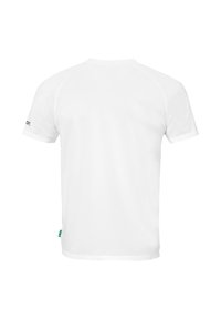 Witte T-shirt met korte mouwen en een ronde hals, van een gladde stof, met een klein logo op de linker mouw. Geen patronen of accenten.