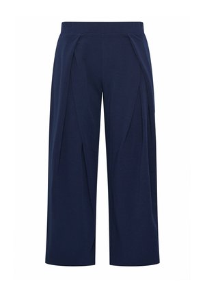 Marineblauwe culottebroek met wijde pijpen, voorplooien en een aangesloten tailleband, gemaakt van gestructureerde stof.