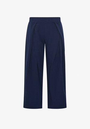 Marineblaue Culotte-Hosen mit weitem Bein, vorne mit Falten und einem taillierten Bund, gefertigt aus strukturiertem Stoff.