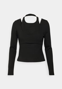 Haut noir à manches longues avec encolure carrée et coupe ajustée. Confectionné dans un tissu extensible avec des détails de couture minimaux.