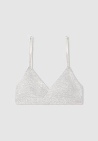 Bralette grigio a forma triangolare con spalline sottili e una texture morbida e leggera. Presenta un design senza cuciture con un sottile pattern mélange.