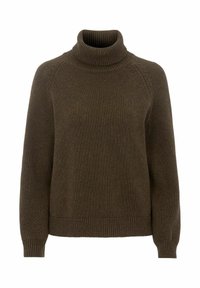 Brun rullekrave-trøje lavet af blødt strikmateriale. Har ribkanter, lange raglanærmer og en afslappet pasform.