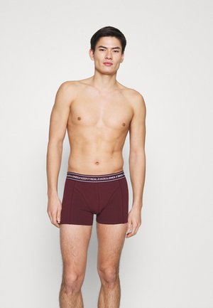 Burgunderfarbene Boxershorts aus weichem Stoff mit einem schwarzen elastischen Bund, der mit Markenlogo-Text versehen ist. Figurbetontes Design ohne Muster.