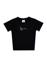 Zwart T-shirt met korte mouwen van katoen, met een witte handtekeningontwerp over de borst en een ronde halslijn.
