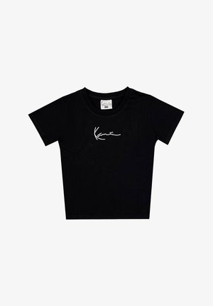 SchwarzesKurzarm-T-Shirt aus Baumwolle mit einem weißen Signaturdesign über der Brust und einem runden Ausschnitt.