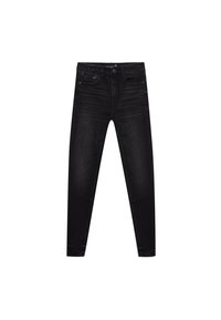 Jean skinny noir taille haute avec fermeture bouton et zip, poches avant et arrière, et détails subtils délavés sur les cuisses.