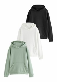 Tre felpe con cappuccio: nera, bianca e verde menta. Realizzate in tessuto morbido, presentano una tasca frontale e polsini a costine. Design semplice e casual.