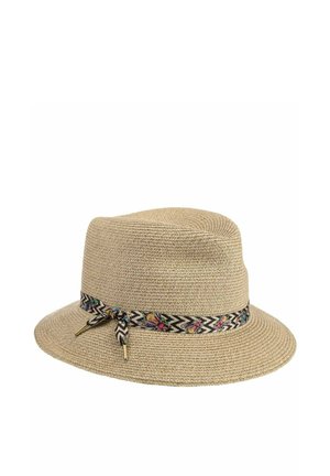 Beige straw hat with a wide brim, decorated with a black and white zigzag band featuring colorful floral accents and a small bow.