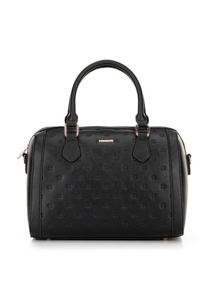 Sac à main structuré noir en faux cuir texturé. Il possède deux poignées courtes, des accents dorés et des motifs floraux en relief sur la surface.