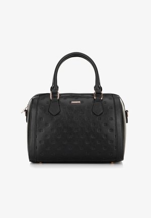 Bolso estructurado negro hecho de cuero sintético texturizado. Presenta dos asas cortas, detalles en dorado y patrones florales en relieve en la superficie.