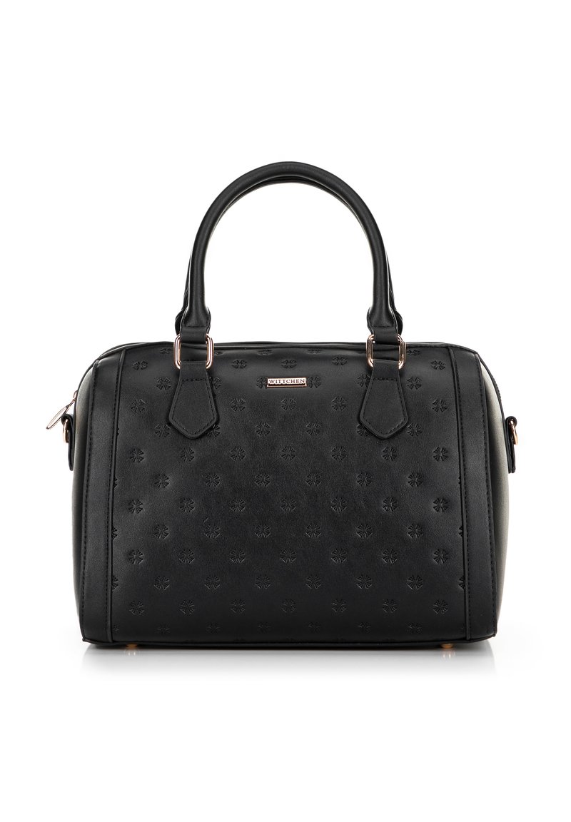 Black structured handbag made of textured faux leather. Features two short handles, gold accents, and embossed floral patterns on the surface.