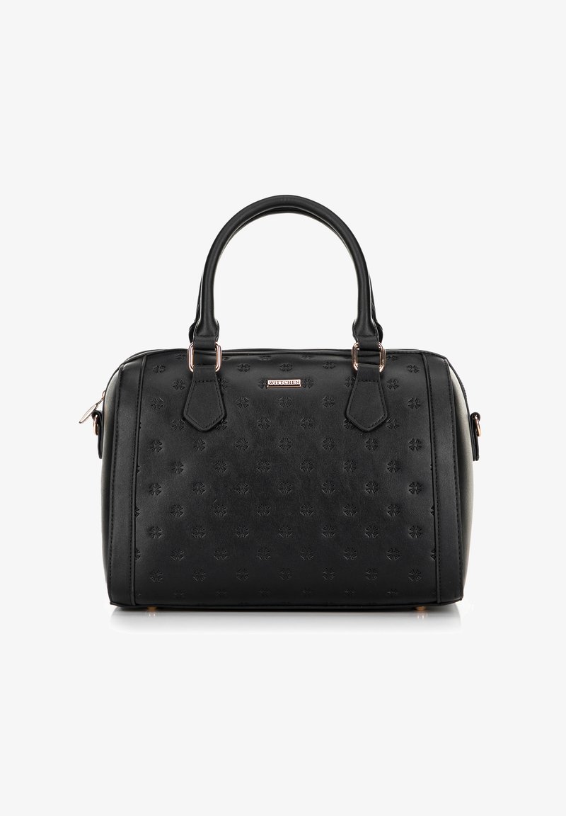 Black structured handbag made of textured faux leather. Features two short handles, gold accents, and embossed floral patterns on the surface.