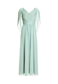 Robe longue en chiffon vert clair, col en V, taille froncée et manches cape fluides.