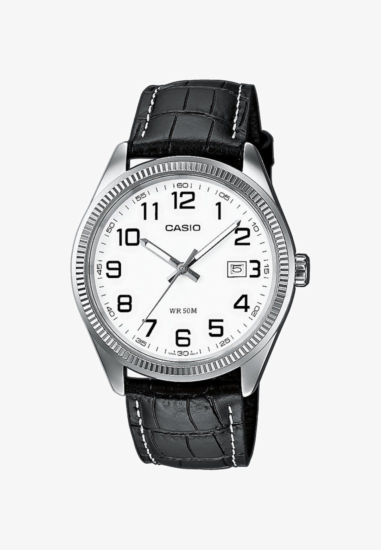 Casio watch with a silver-tone stainless steel case, white dial, black leather croc-embossed strap, large black numerals, date display.