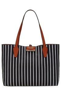 Sac fourre-tout à rayures noires et blanches avec des poignées en cuir marron et un accent logo. Caractéristiques d'un design structuré et d'une texture lisse.