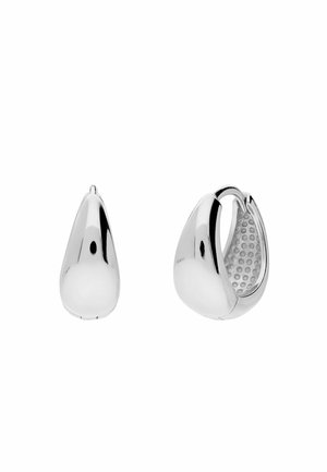 Polished silver teardrop-shaped hoop earrings, one shown closed and one open revealing textured inner surface.