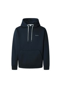 Sudadera con capucha de color azul marino, hecha de tejido suave. Presenta un bolsillo canguro frontal y cordones blancos. Incluye bordado de logo sutil.