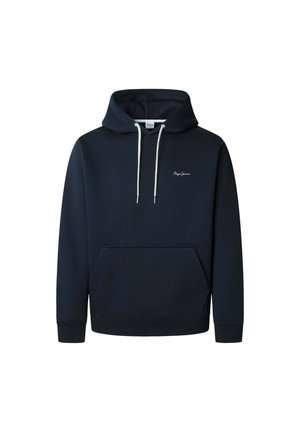 Sudadera con capucha de color azul marino, hecha de tejido suave. Presenta un bolsillo canguro frontal y cordones blancos. Incluye bordado de logo sutil.