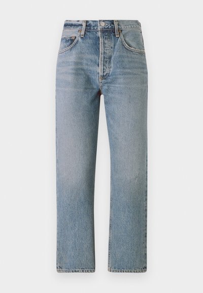 Light blue denim jeans with a straight fit, high waist, and classic five-pocket design. Features subtle fading and a zip fly.