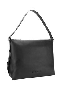 Borsa a tracolla in pelle nera con una texture liscia, dotata di una tracolla regolabile e di una chiusura con cerniera. Design minimalista con dettagli in rilievo.