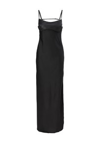 Zwart satijnen slipdress met dunne bandjes, een getailleerd lijfje en een lange, vloeiende silhoeet. Gladde textuur met een subtiele glans.