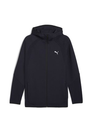 Marineblauwe zip-up hoodie met een capuchon, zachte stof, twee zijzakken en een wit logo op de borst. Heeft ribbelstructuur op de mouwen.