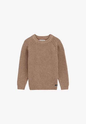 Beige gestrickter Pullover mit Rundhalsausschnitt, strukturiertem Muster, langen Ärmeln, gerippten Bündchen und Saum, mit einem kleinen Markenschild an der Seite.