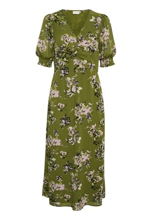 Floral midi dress in olive green with puff sleeves, V-neckline, and gathered waist. Features pink and black floral patterns on lightweight fabric.