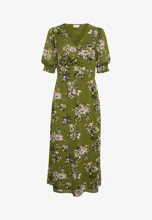 Floral midi dress in olive green with puff sleeves, V-neckline, and gathered waist. Features pink and black floral patterns on lightweight fabric.