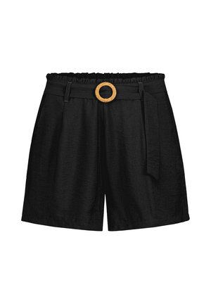 Schwarze High-Waist-Shorts mit einem Stoffgürtel, der eine runde, gewebte Schnalle aufweist, und einem gerafften, elastischen Taillenbund.