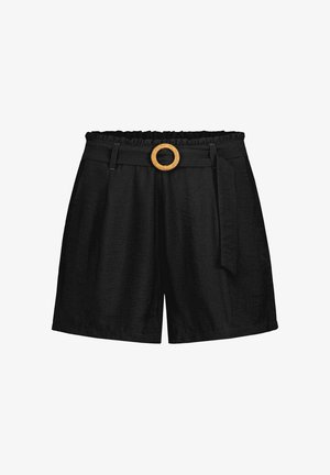 Black high-waist shorts with a fabric belt featuring a round woven buckle and a ruffled elastic waistband detail.