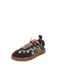 Brown and beige sneaker featuring a leopard print design, grey laces, and a rubber sole. Notable heel tab with red accent.