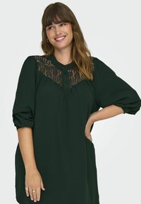 Tumši zaļš kleita ar mežģīņu ieliktnīti, apkakles izgriezumu un pūkainām piedurknēm. Mīksts audums brīvi krīt, ar pogu apdari.