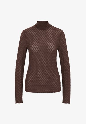 Top maro cu mâneci lungi și guler înalt, cu un design texturat din plasă deschisă cu model în formă de diamant. Siluetă ușoară și strâmtă.