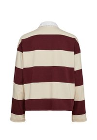 Maillot de rugby à manches longues avec larges rayures horizontales bordeaux et crème et col blanc, vu de dos.