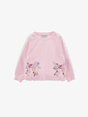 Felpa rosa chiaro a maniche lunghe con strisce bianche sulle maniche e motivi floreali vicino all'orlo su entrambi i lati.