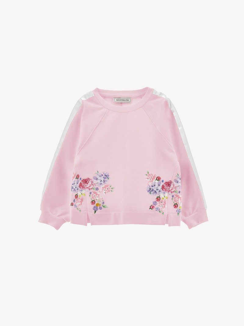 Svetlo roza majica z dolgimi rokavi z belimi črtami na rokavih in cvetličnimi vzorci ob robu na obeh straneh.