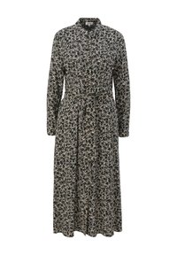 Langdraagjurk met een zwarte achtergrond en een klein wit bloemenpatroon, kraag, knopen aan de voorkant, een ceintuur op de taille en een enkel-lange zoom.