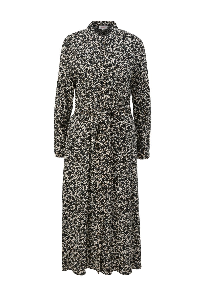 Langärmliges Kleid mit schwarzem Hintergrund und kleinem weißen Blumenmuster, Kragen, vorderen Knöpfen, tailliertem Gürtel und knöchellangem Saum.