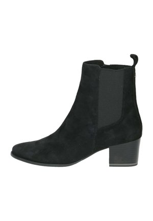 Black suede ankle boot with a rounded toe, elastic side panels, and a short block heel. Features a pull tab for easy wear.