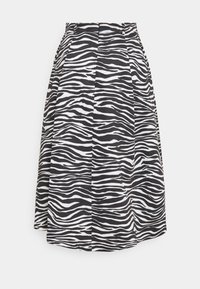 Jupe à rayures zébrées en noir et blanc avec un design évasé, des plis et une texture lisse. La taille est ajustée pour plus de confort.