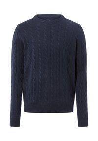 Marineblauer Strickpullover mit Kabelmuster, Rundhalsausschnitt und langen Ärmeln. Hergestellt aus weichem, strukturiertem Stoff.