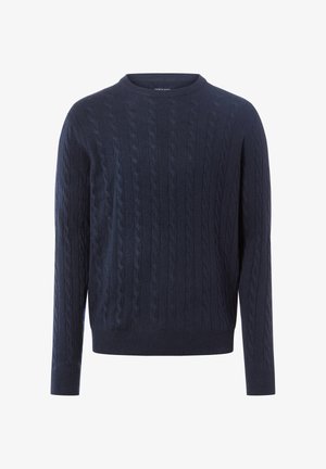 Marineblauer Strickpullover mit Kabelmuster, Rundhalsausschnitt und langen Ärmeln. Hergestellt aus weichem, strukturiertem Stoff.