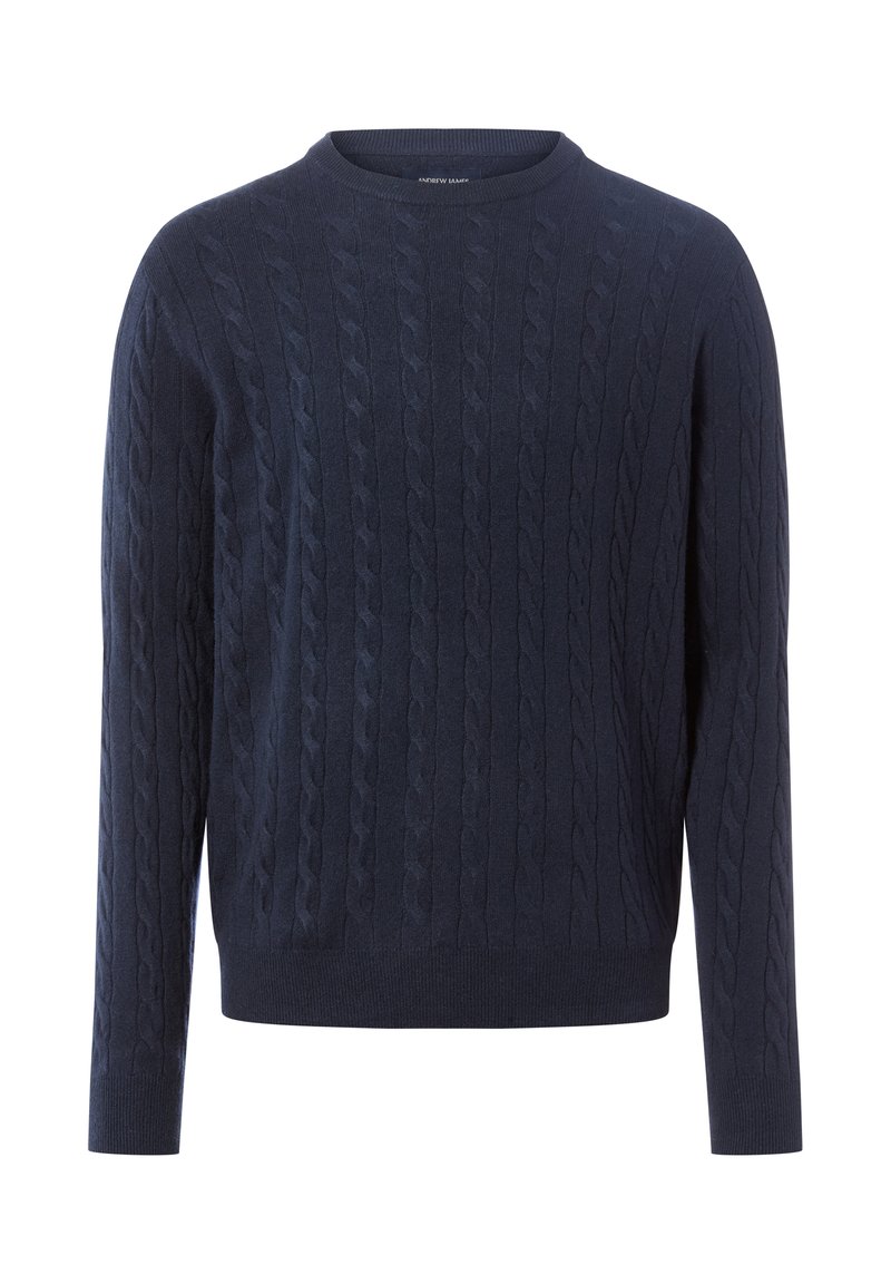 Marineblauer Strickpullover mit Kabelmuster, Rundhalsausschnitt und langen Ärmeln. Hergestellt aus weichem, strukturiertem Stoff.