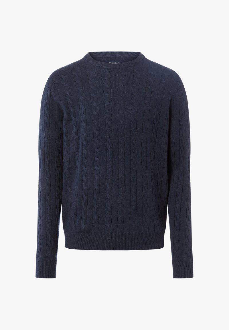 Marineblauer Strickpullover mit Kabelmuster, Rundhalsausschnitt und langen Ärmeln. Hergestellt aus weichem, strukturiertem Stoff.