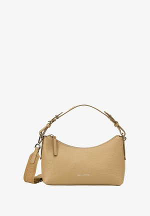 Borsa a tracolla in pelle beige texture con chiusura a zip, un'unica tracolla e una tracolla removibile. Presenta un dettaglio del logo sul davanti.