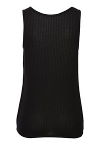 Zwart geribbelde tanktop met een ronde hals, mouwloos ontwerp en een subtiele textuur. Heeft een afgeronde zoom aan de onderkant en geen zichtbare bevestigingen.